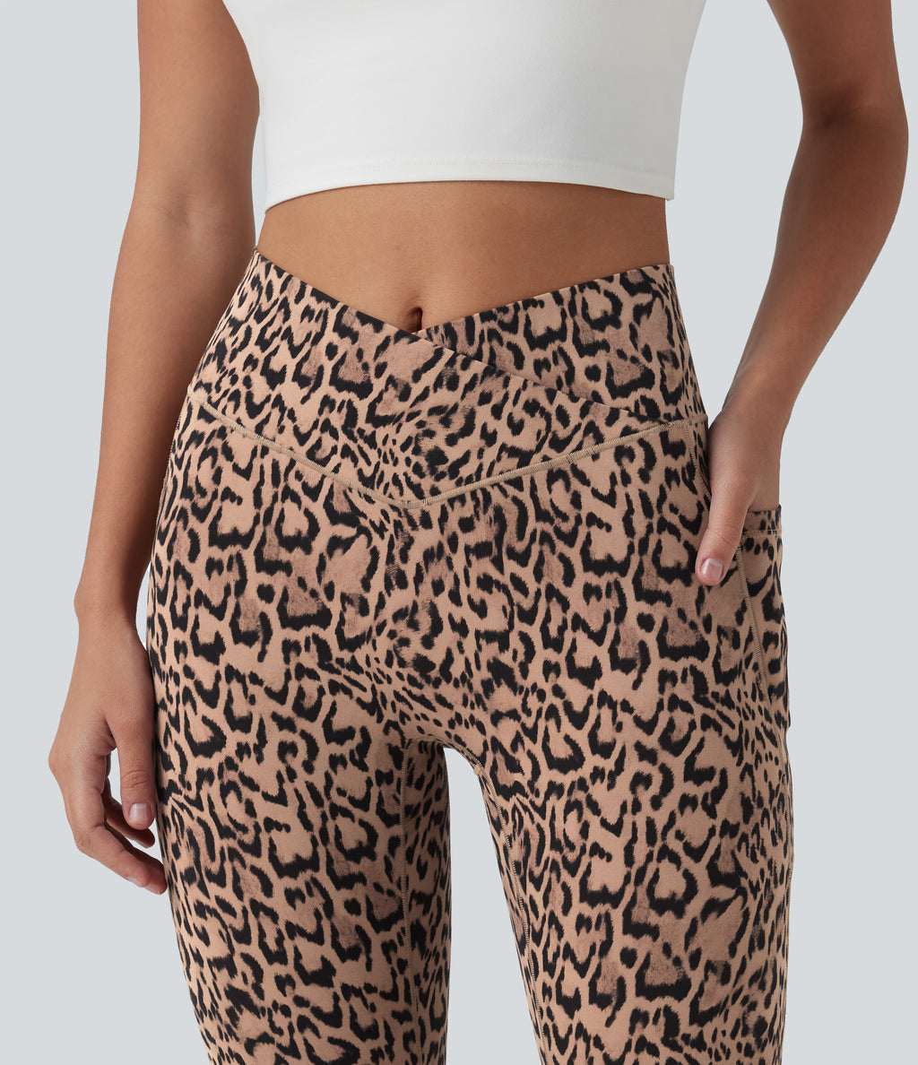 Crossover High Waisted Leopard Print Yoga 7/8 Leggings with Pockets — Blush Safari — view 5