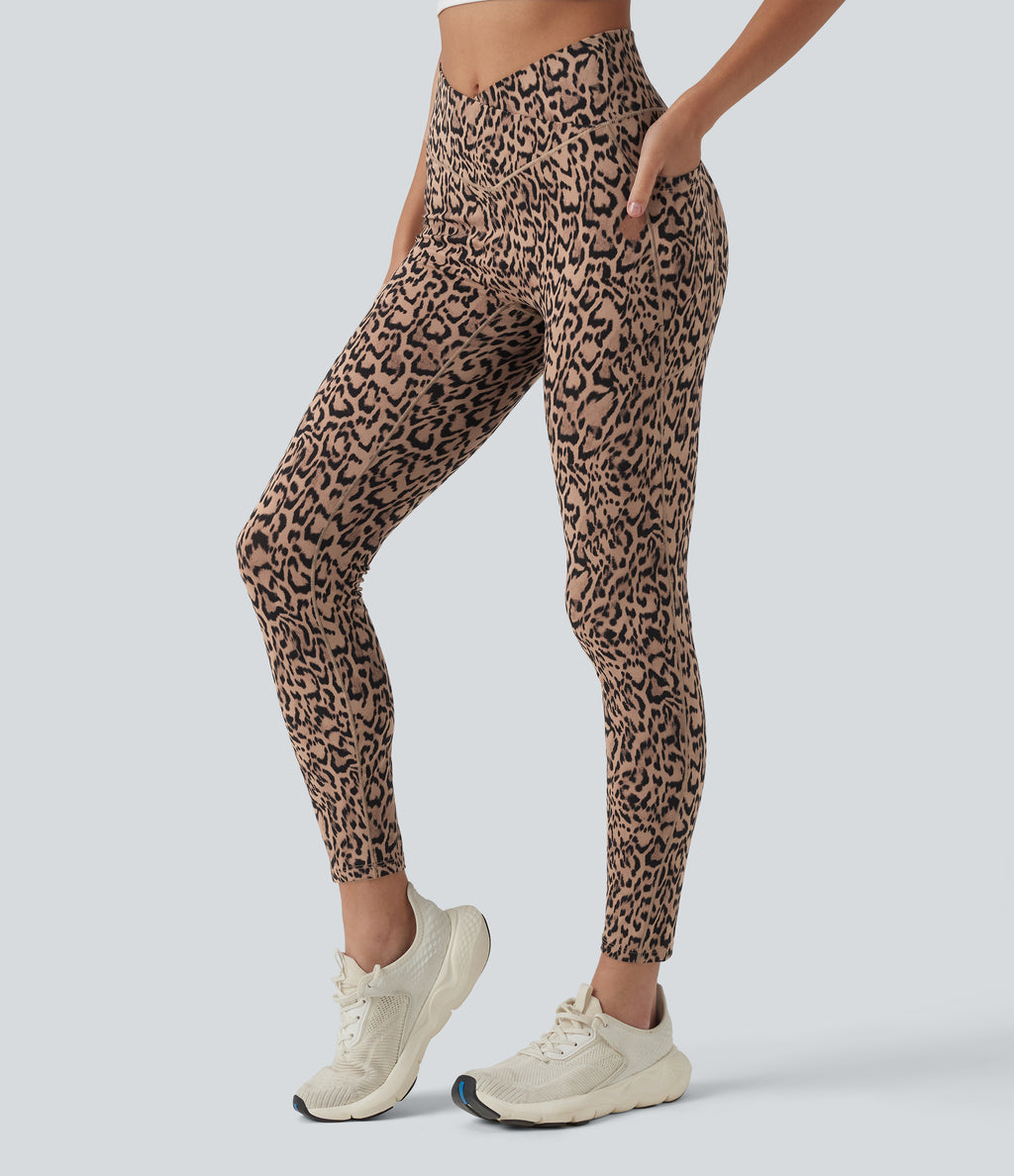 Crossover High Waisted Leopard Print Yoga 7/8 Leggings with Pockets — Blush Safari — view 3