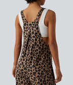 Adjustable Straps Leopard Print Waffle Casual Jogger Dungarees with Pockets — Noir Safari — view 5