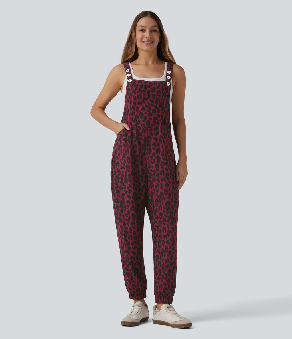 Adjustable Straps Leopard Print Waffle Casual Jogger Dungarees with Pockets — Maroon Leopard — view 6