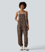 Adjustable Straps Leopard Print Waffle Casual Jogger Dungarees with Pockets — Noir Safari — view 1
