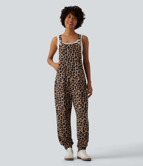 Adjustable Straps Leopard Print Waffle Casual Jogger Dungarees with Pockets — Noir Safari — view 1