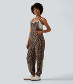Adjustable Straps Leopard Print Waffle Casual Jogger Dungarees with Pockets — Noir Safari — view 3