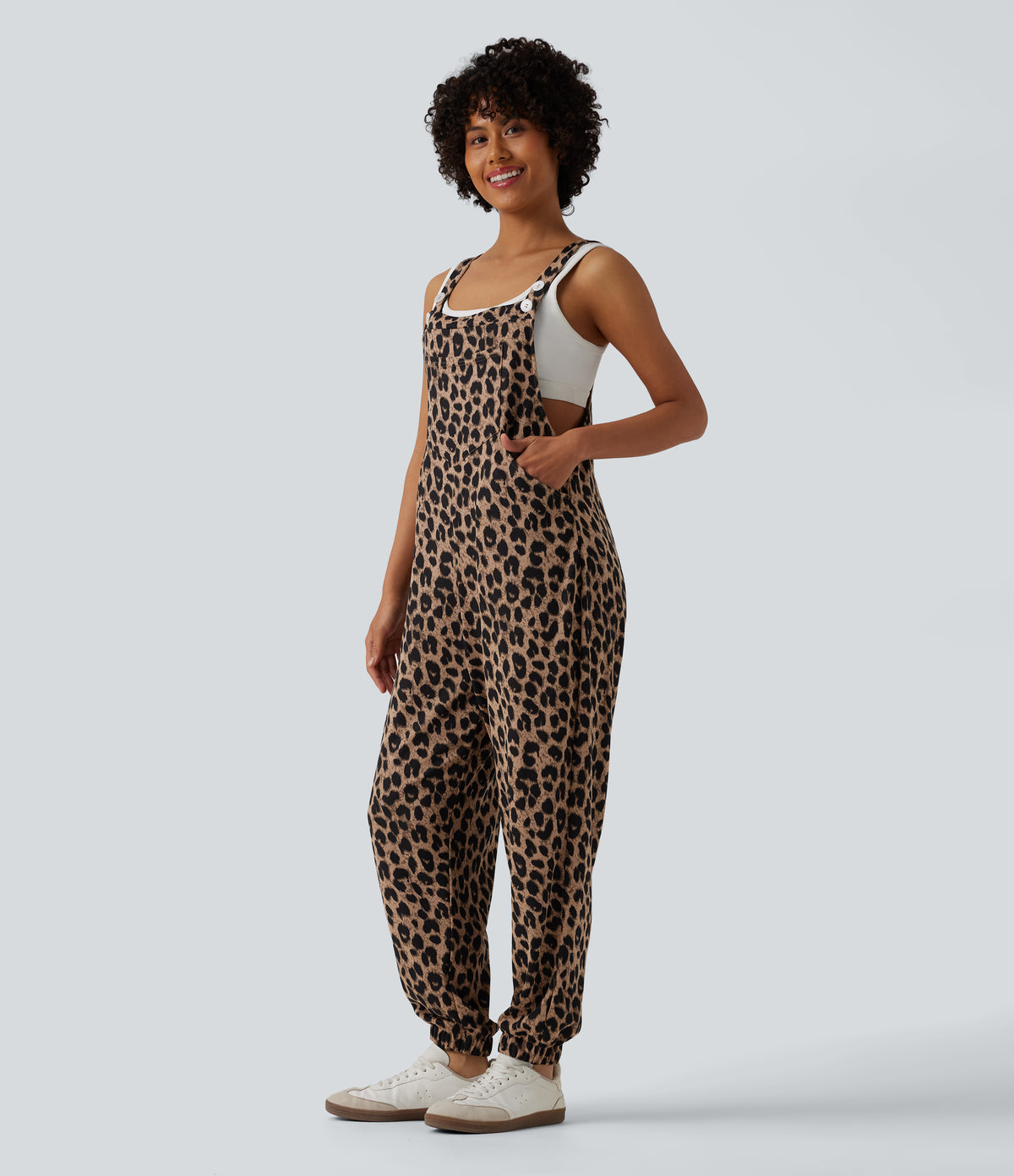 Adjustable Straps Leopard Print Waffle Casual Jogger Dungarees with Pockets — Noir Safari — view 3