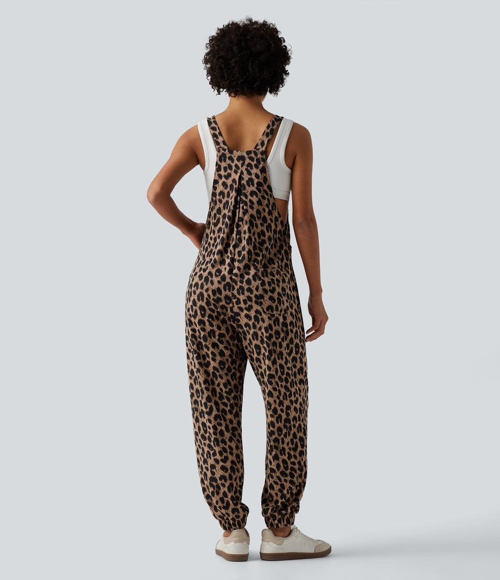 Adjustable Straps Leopard Print Waffle Casual Jogger Dungarees with Pockets — Noir Safari — view 2