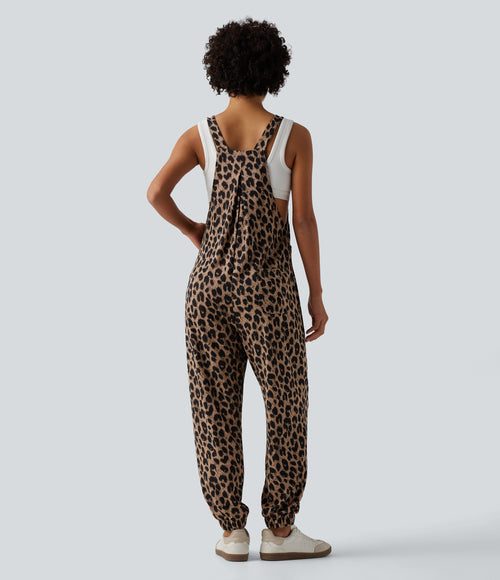 Adjustable Straps Leopard Print Waffle Casual Jogger Dungarees with Pockets — Noir Safari — view 2
