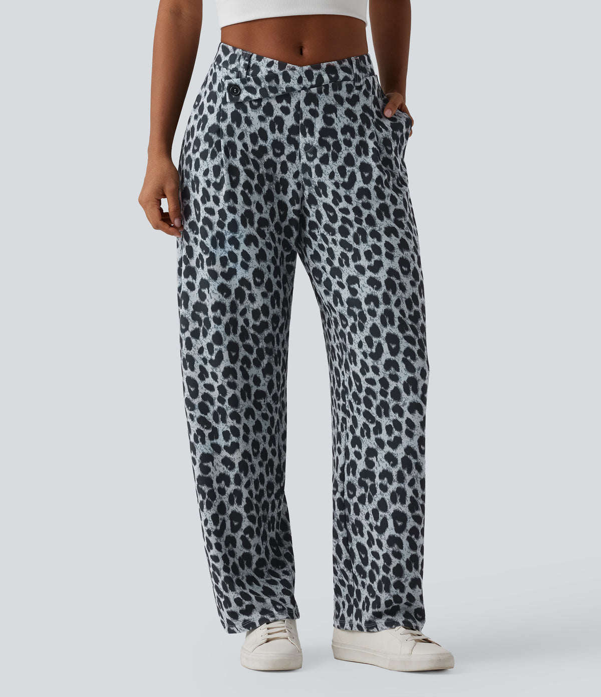 Asymmetric Mid Rise Tapered Leopard Print Waffle Work Trousers with Pockets — Frosted Panther — view 2