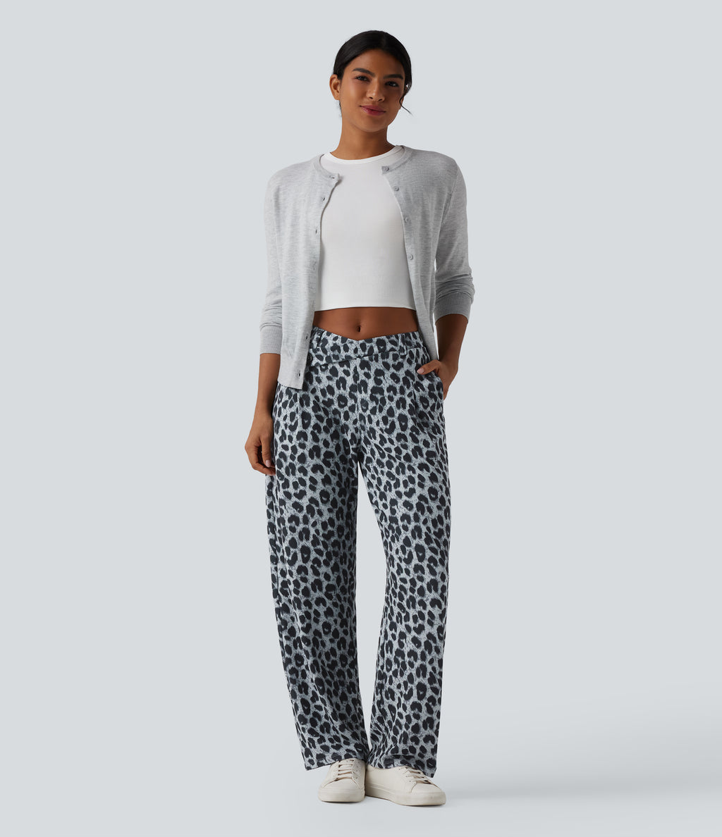 Asymmetric Mid Rise Tapered Leopard Print Waffle Work Trousers with Pockets — Frosted Panther — view 6