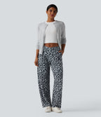 Asymmetric Mid Rise Tapered Leopard Print Waffle Work Trousers with Pockets — Frosted Panther — view 6