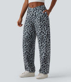 Asymmetric Mid Rise Tapered Leopard Print Waffle Work Trousers with Pockets — Frosted Panther — view 3