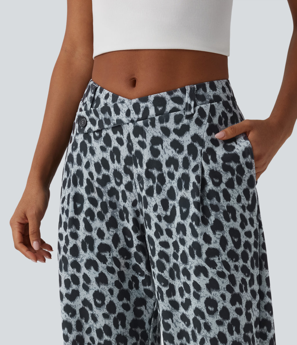 Asymmetric Mid Rise Tapered Leopard Print Waffle Work Trousers with Pockets — Frosted Panther — view 4
