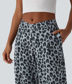 Asymmetric Mid Rise Tapered Leopard Print Waffle Work Trousers with Pockets — Frosted Panther — view 4