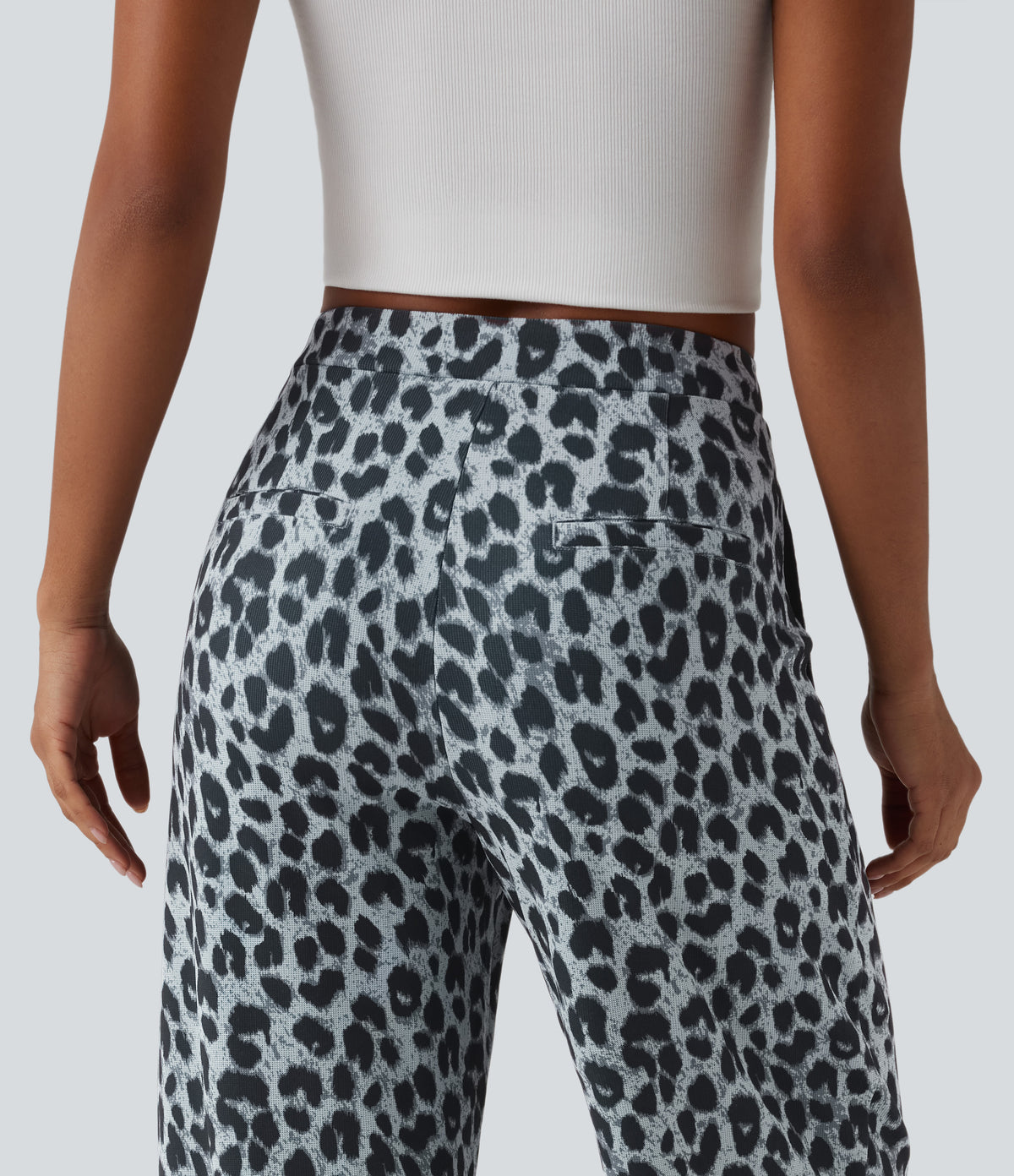 Asymmetric Mid Rise Tapered Leopard Print Waffle Work Trousers with Pockets — Frosted Panther — view 5