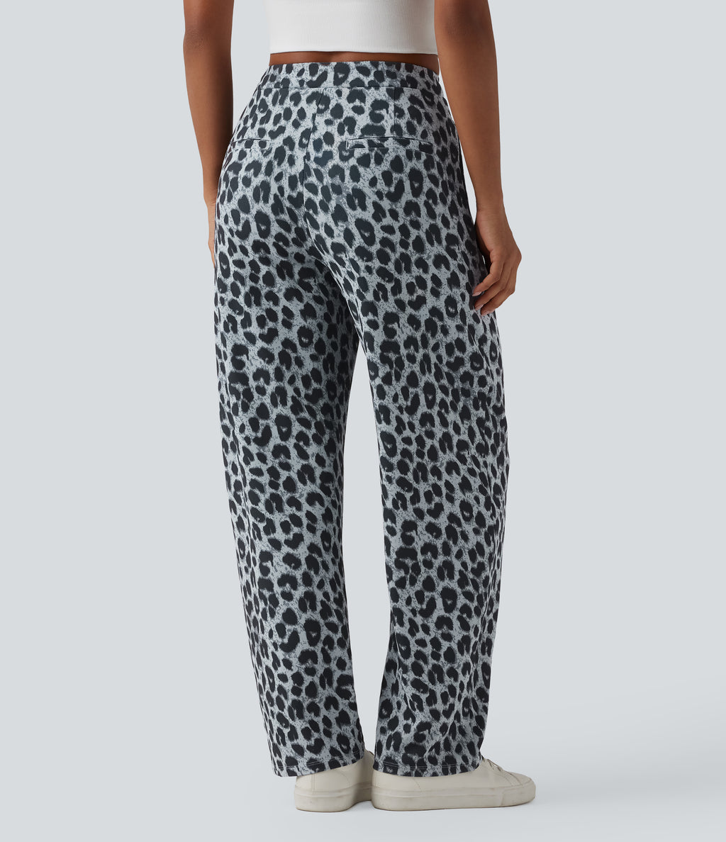 Asymmetric Mid Rise Tapered Leopard Print Waffle Work Trousers with Pockets — Frosted Panther — view 1