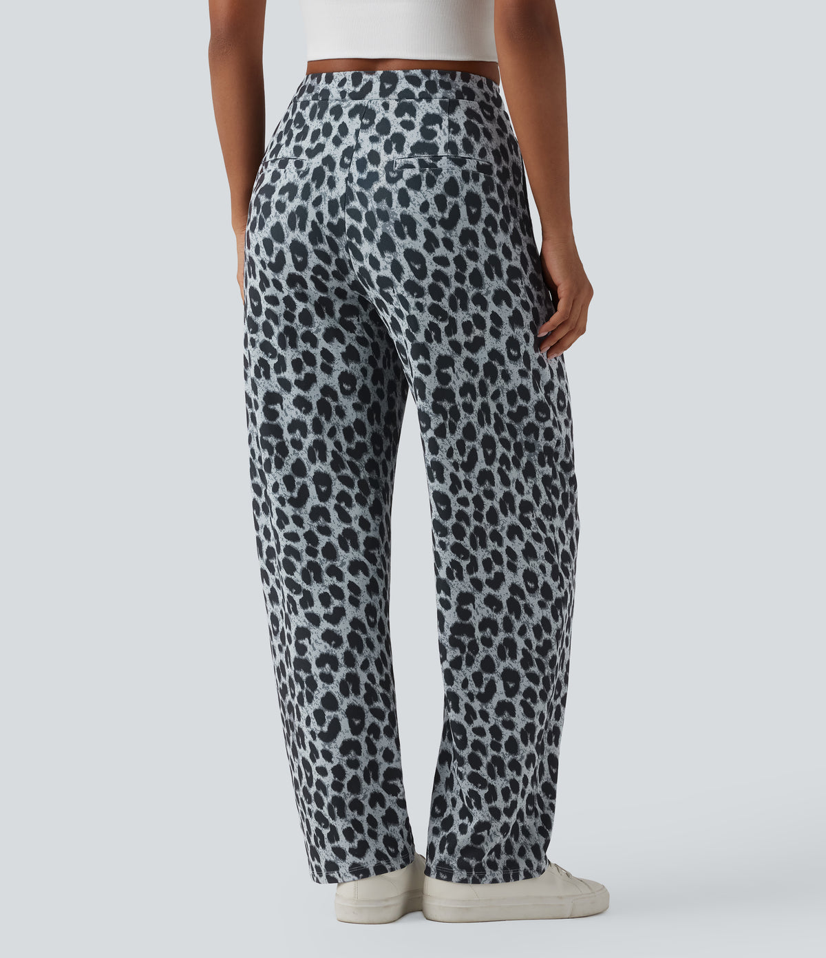 Asymmetric Mid Rise Tapered Leopard Print Waffle Work Trousers with Pockets — Frosted Panther — view 1