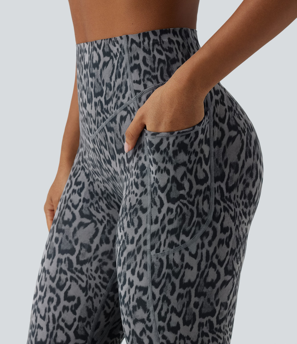 Leopard Print High Waisted Scrunch Butt Lifting Tummy Control Yoga Bootcut Leggings with Pockets — Shadow Leopard — view 4