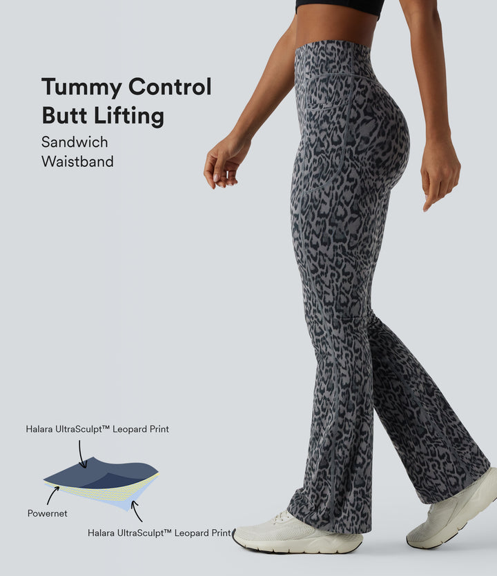 Leopard Print High Waisted Scrunch Butt Lifting Tummy Control Yoga Bootcut Leggings with Pockets — Shadow Leopard — view 1