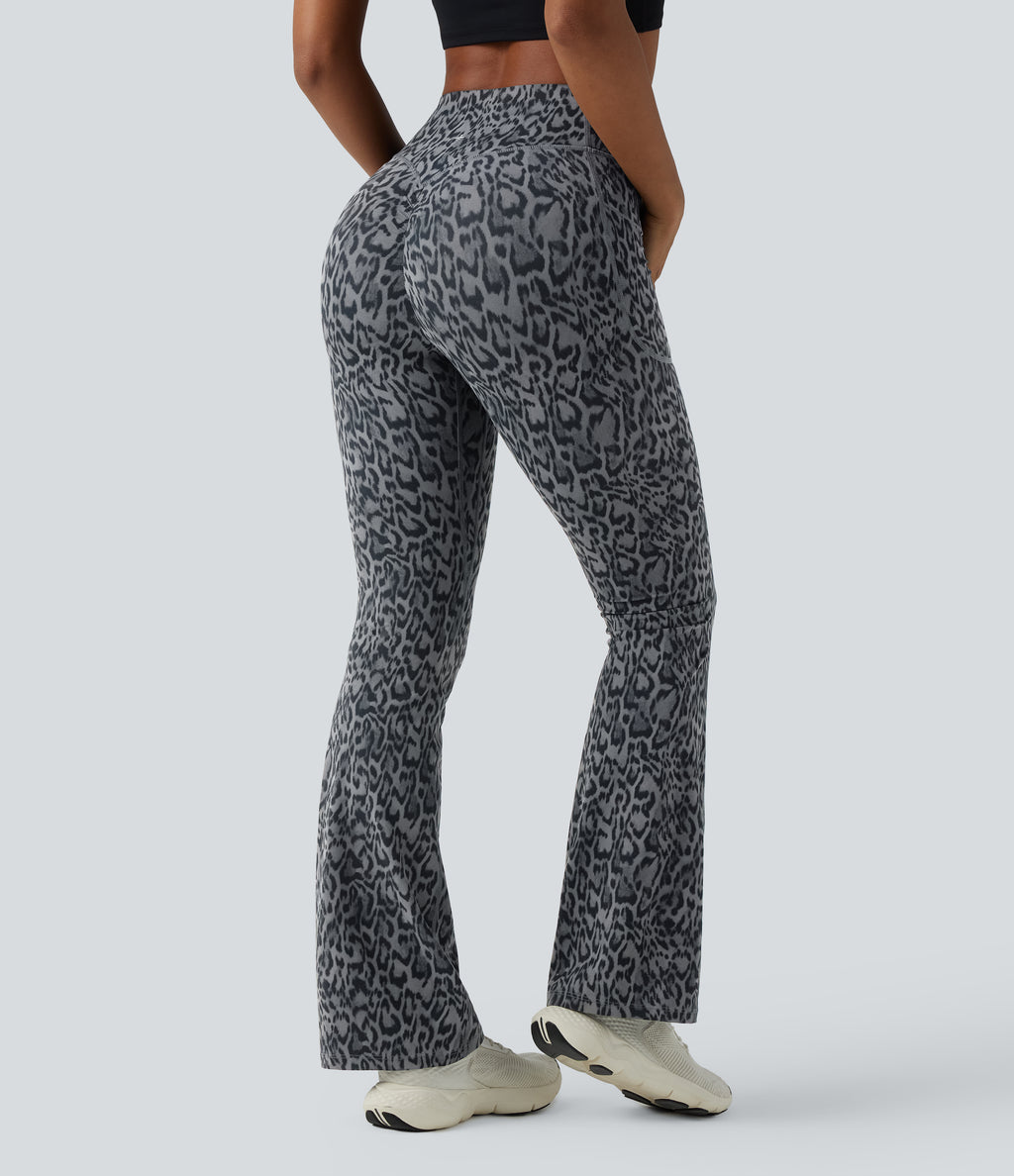 Leopard Print High Waisted Scrunch Butt Lifting Tummy Control Yoga Bootcut Leggings with Pockets — Shadow Leopard — view 2