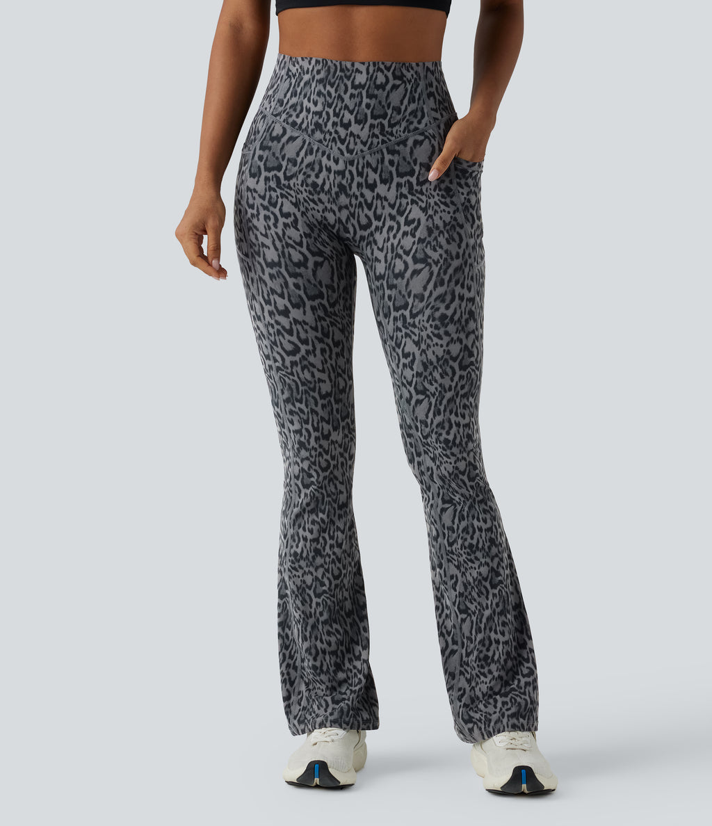 Leopard Print High Waisted Scrunch Butt Lifting Tummy Control Yoga Bootcut Leggings with Pockets — Shadow Leopard — view 3