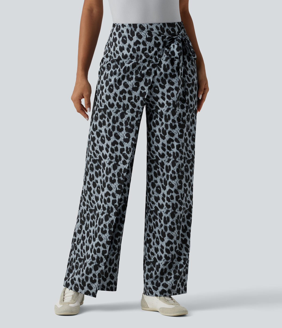 High Waisted Tie Side Wide Leg Leopard Print Work Trousers — Moonshadow Leopard — view 7