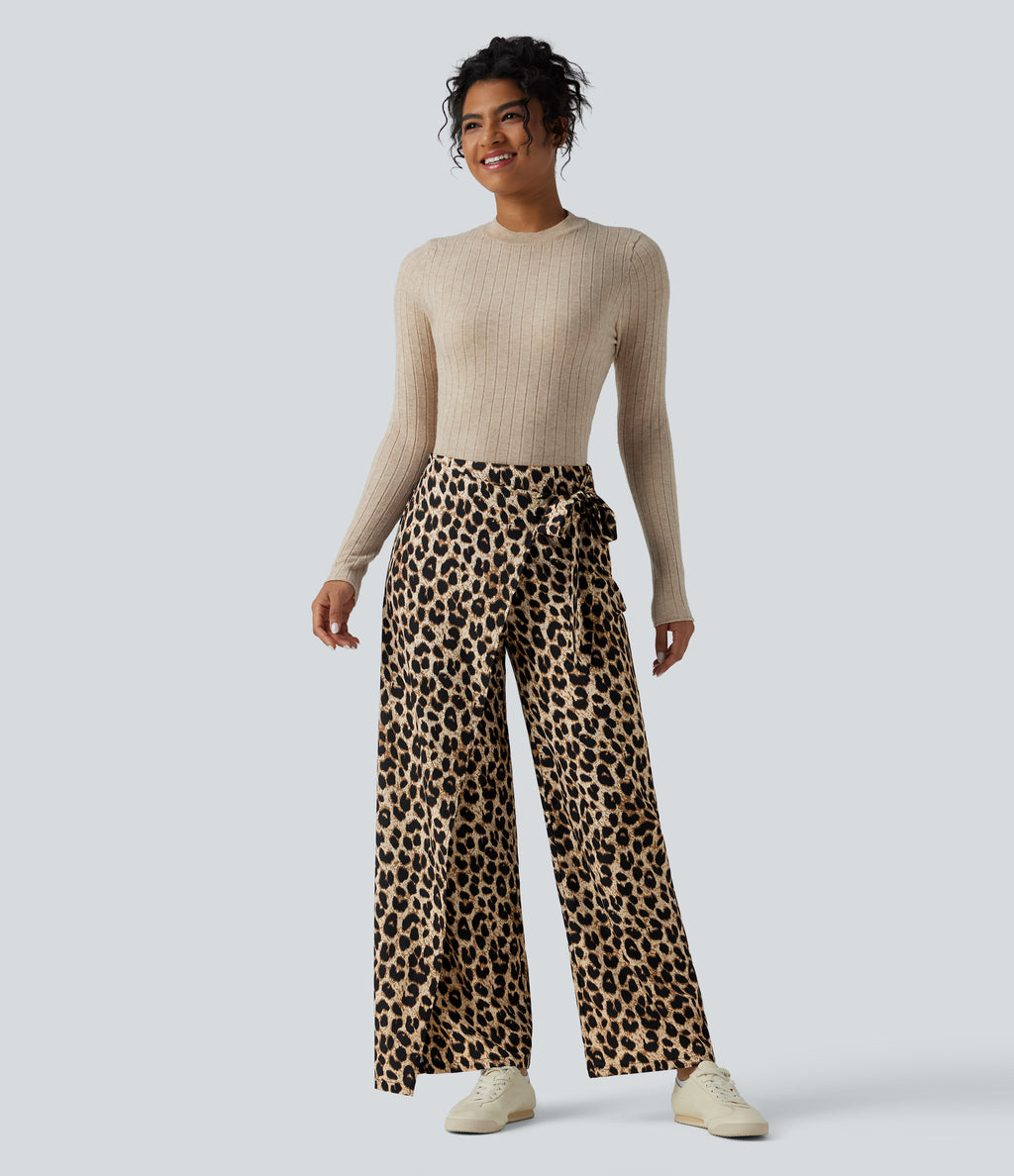 High Waisted Tie Side Wide Leg Leopard Print Work Trousers — Gold Leopard Print — view 6