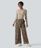 High Waisted Tie Side Wide Leg Leopard Print Work Trousers — Gold Leopard Print — view 6