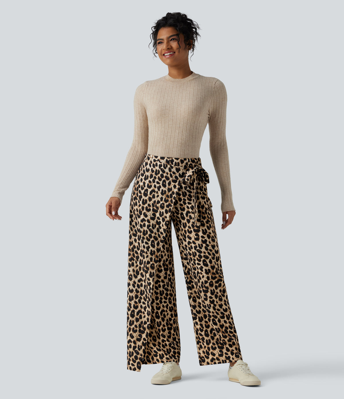 High Waisted Tie Side Wide Leg Leopard Print Work Trousers — Gold Leopard Print — view 6