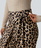 High Waisted Tie Side Wide Leg Leopard Print Work Trousers — Gold Leopard Print — view 5