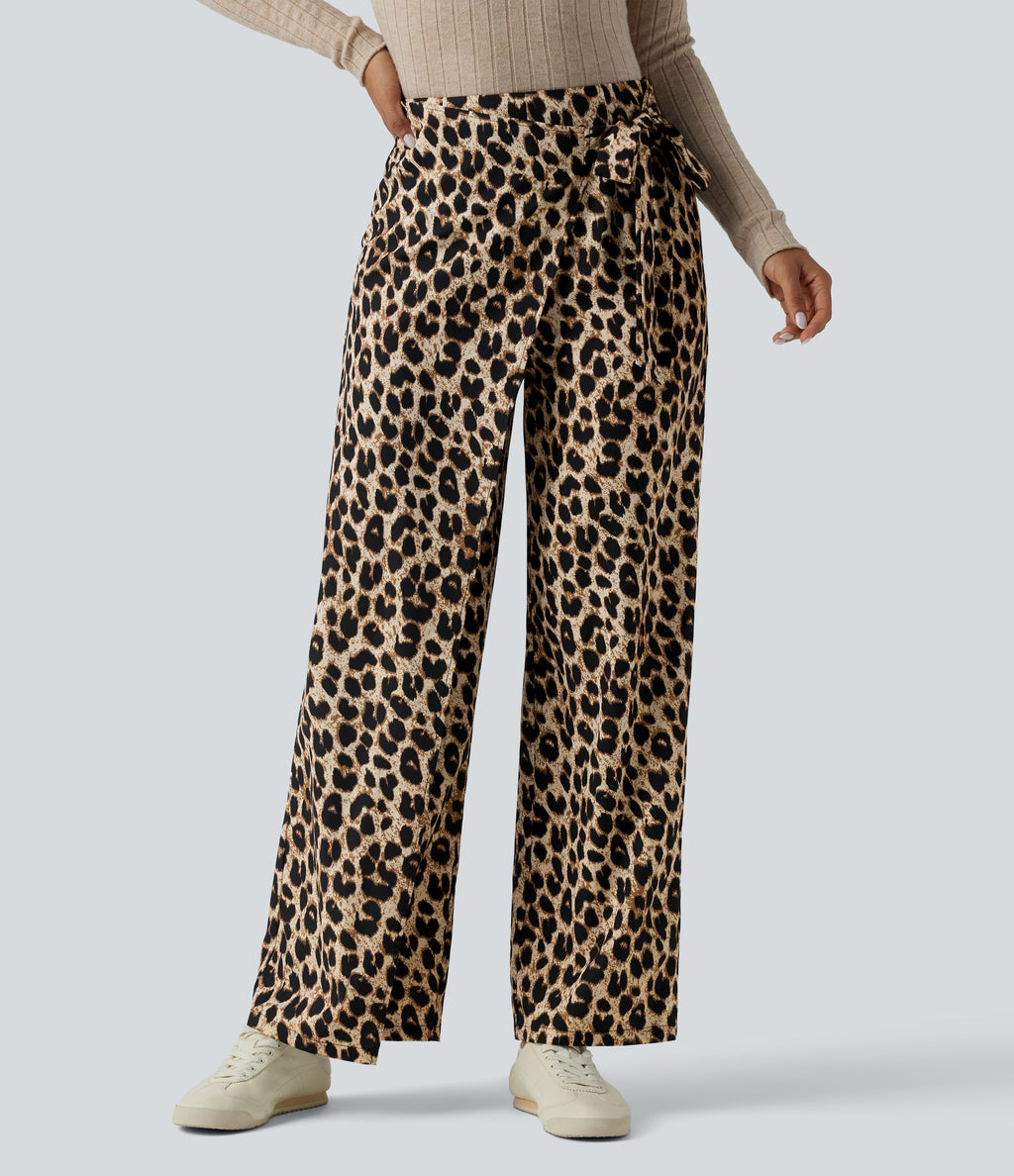 High Waisted Tie Side Wide Leg Leopard Print Work Trousers — Gold Leopard Print — view 2