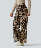 High Waisted Tie Side Wide Leg Leopard Print Work Trousers — Gold Leopard Print — view 3