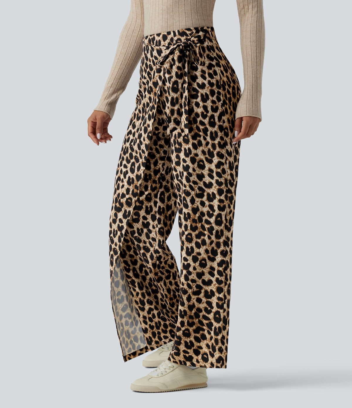High Waisted Tie Side Wide Leg Leopard Print Work Trousers — Gold Leopard Print — view 3
