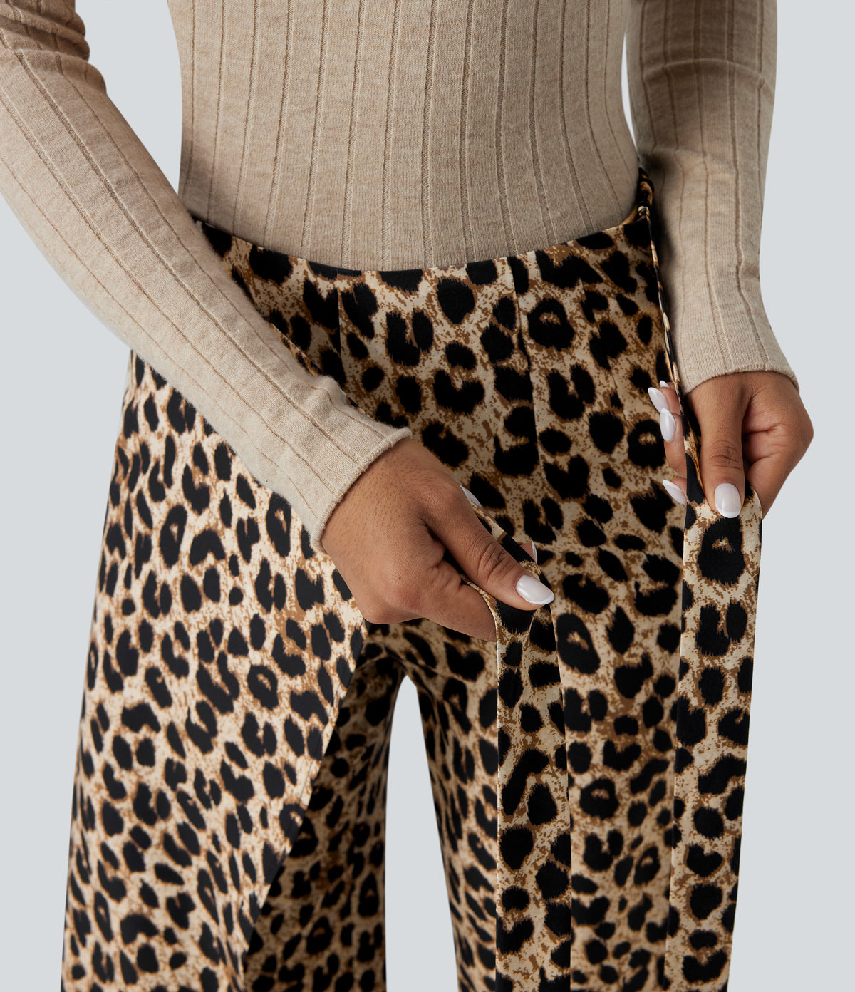 High Waisted Tie Side Wide Leg Leopard Print Work Trousers — Gold Leopard Print — view 4