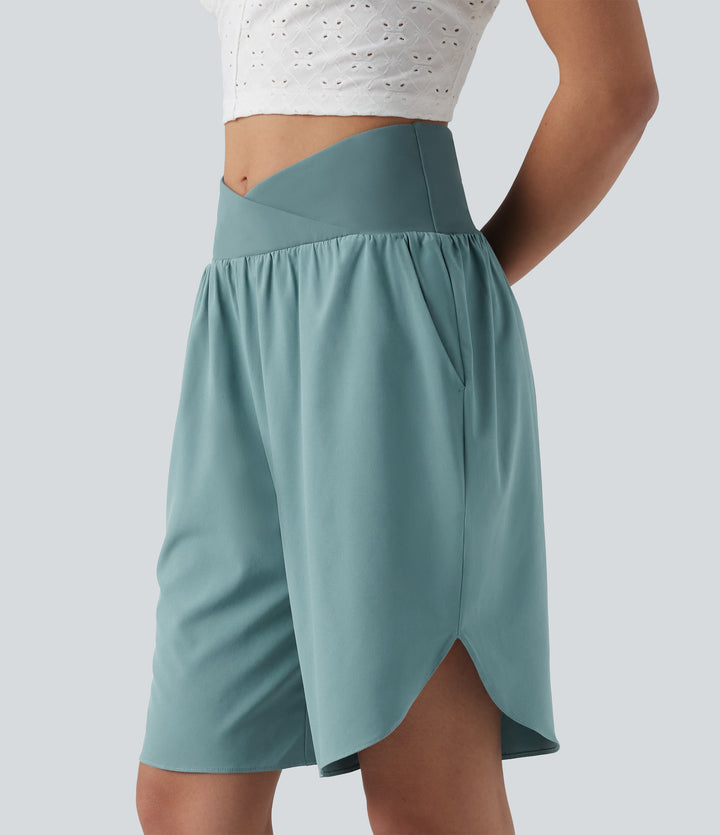 High Waisted Crossover Curved Hem Quick Dry Shorts with Pockets — Stone Blue — view 1