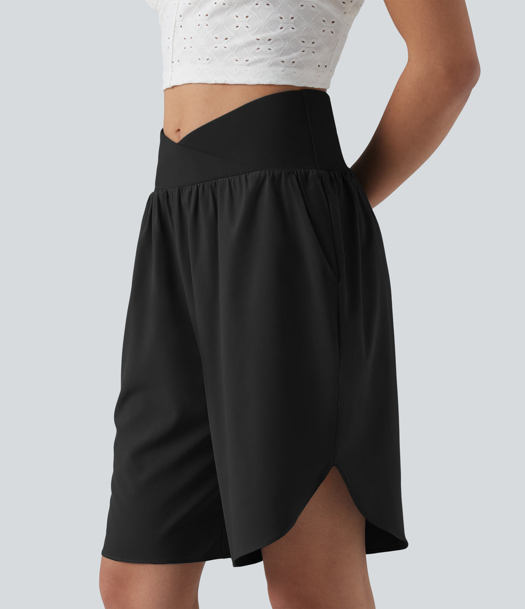 High Waisted Crossover Curved Hem Quick Dry Shorts with Pockets — Black — view 6