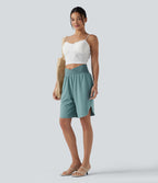 High Waisted Crossover Curved Hem Quick Dry Shorts with Pockets — Stone Blue — view 5