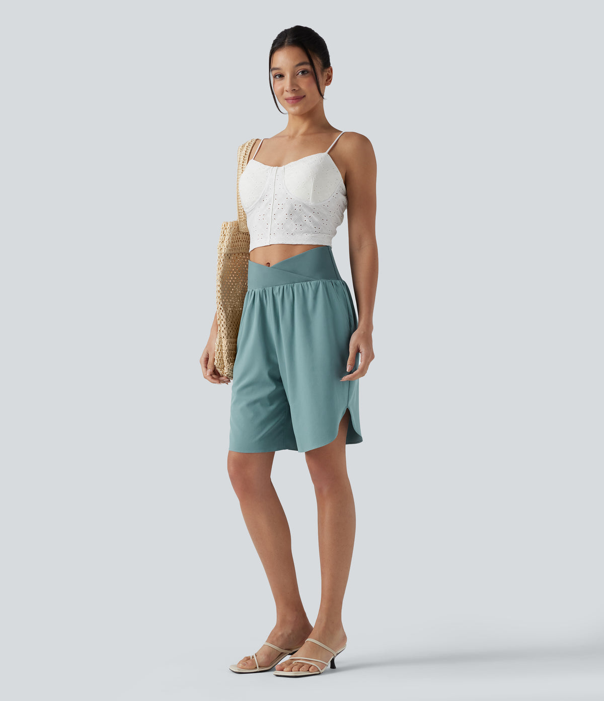 High Waisted Crossover Curved Hem Quick Dry Shorts with Pockets — Stone Blue — view 5