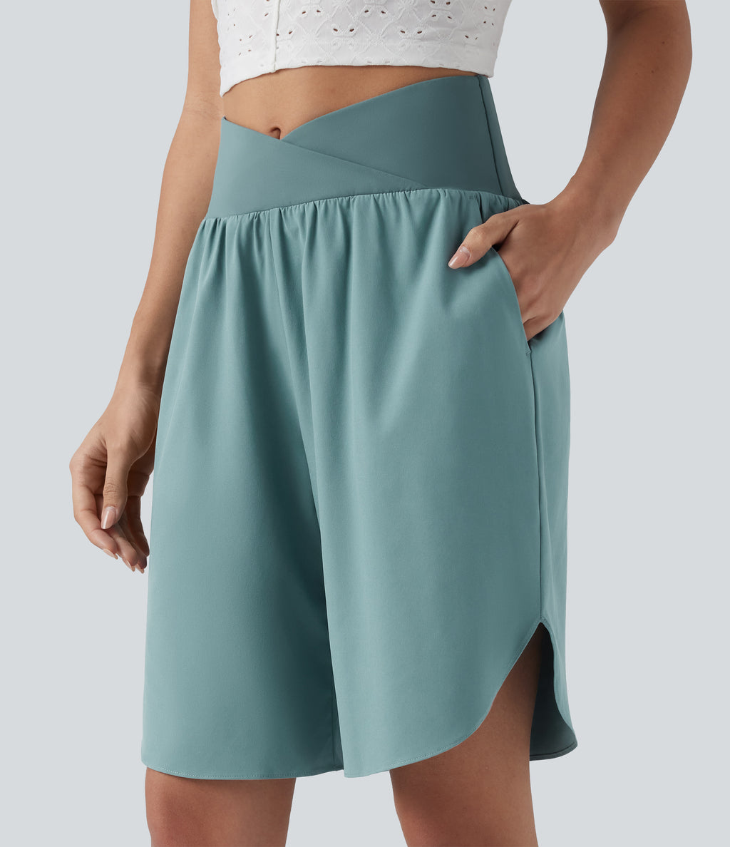 High Waisted Crossover Curved Hem Quick Dry Shorts with Pockets — Stone Blue — view 4