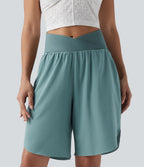 High Waisted Crossover Curved Hem Quick Dry Shorts with Pockets — Stone Blue — view 3