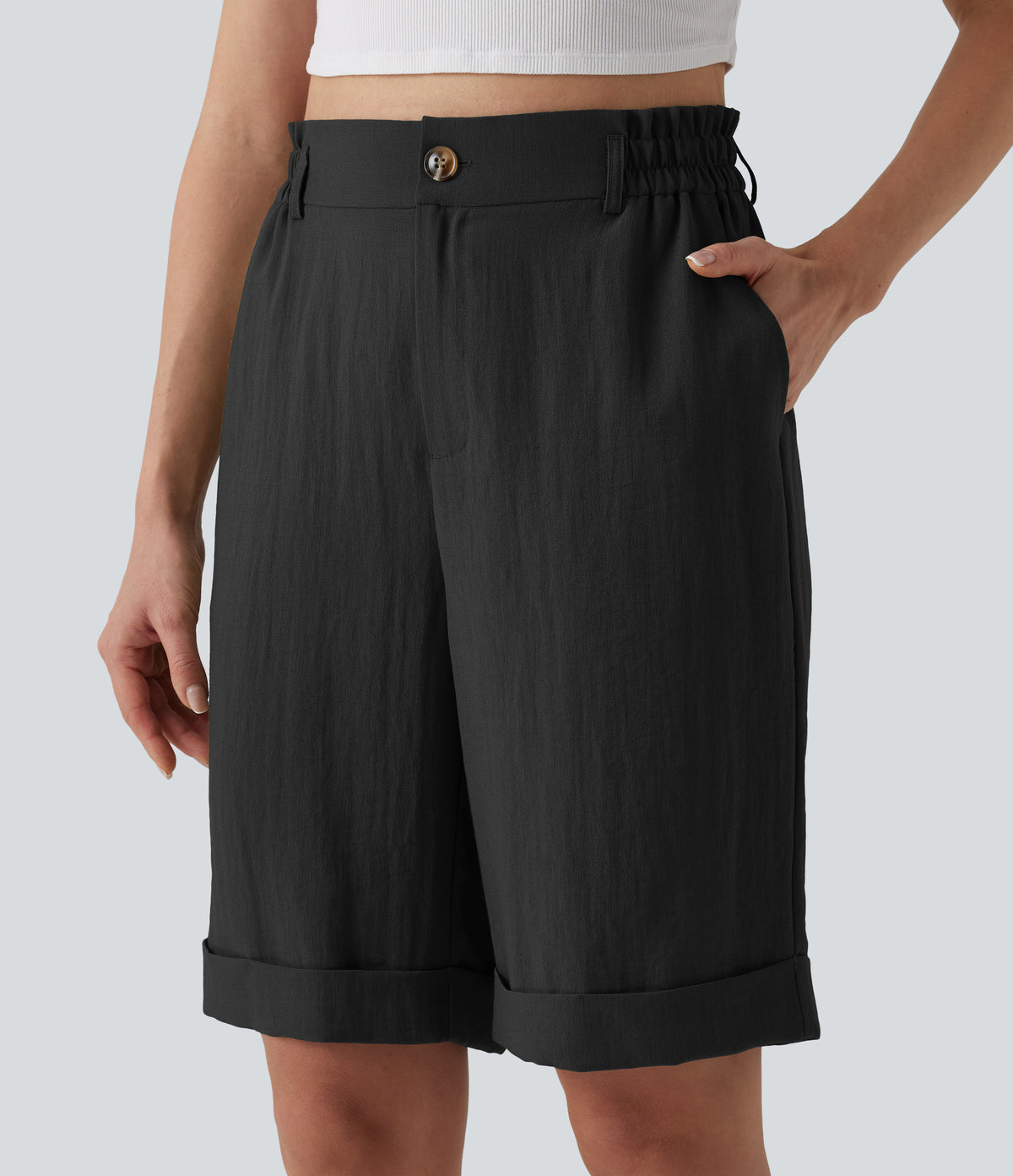 High Waisted Rolled Hem Linen-Feel Resort Bermuda Shorts 10'' with Pockets — Black — view 5