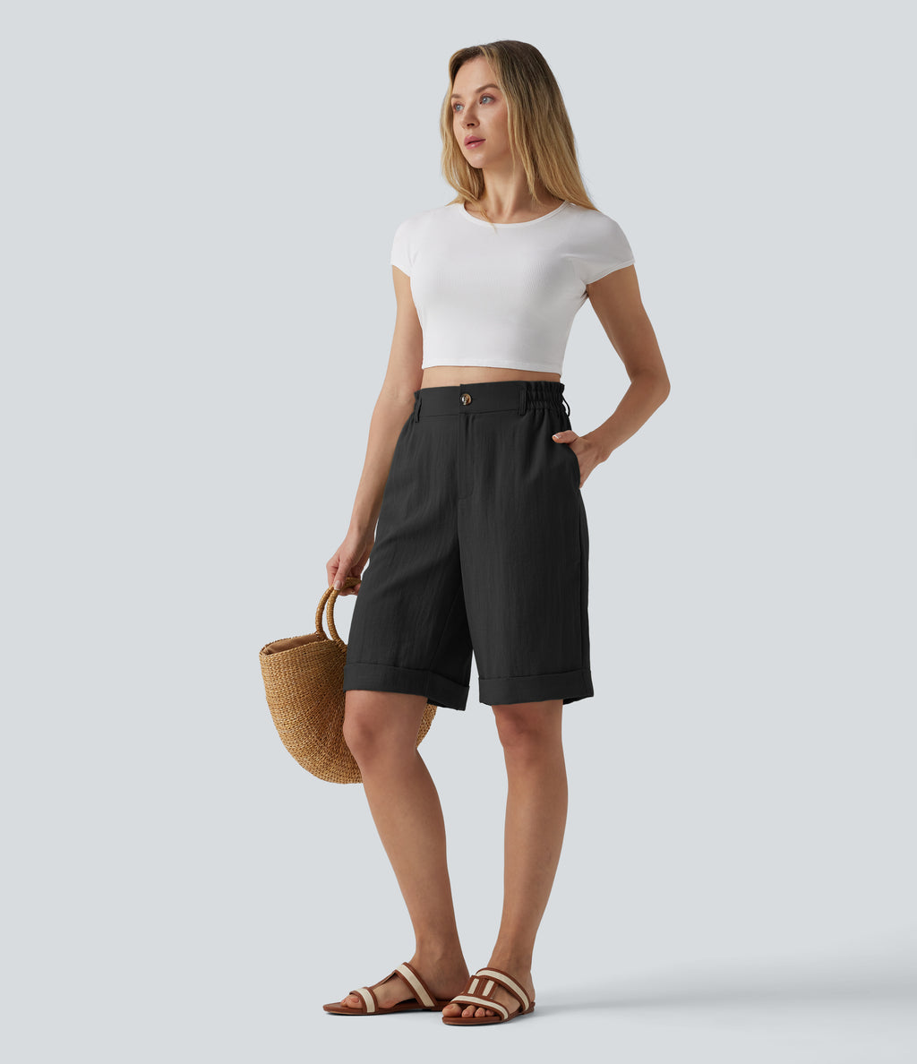 High Waisted Rolled Hem Linen-Feel Resort Bermuda Shorts 10'' with Pockets — Black — view 7