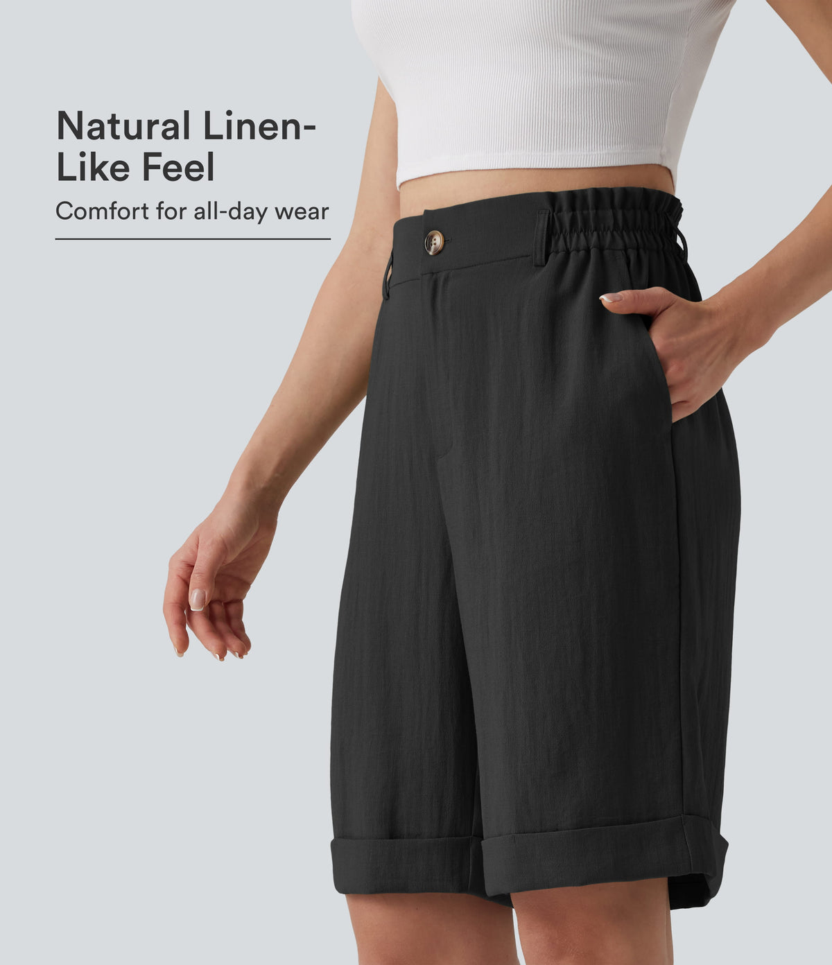 High Waisted Rolled Hem Linen-Feel Resort Bermuda Shorts 10'' with Pockets — Black — view 1