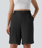 High Waisted Rolled Hem Linen-Feel Resort Bermuda Shorts 10'' with Pockets — Black — view 4