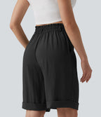 High Waisted Rolled Hem Linen-Feel Resort Bermuda Shorts 10'' with Pockets — Black — view 3
