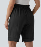 High Waisted Rolled Hem Linen-Feel Resort Bermuda Shorts 10'' with Pockets — Black — view 6