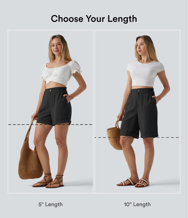 High Waisted Rolled Hem Linen-Feel Resort Bermuda Shorts 10'' with Pockets — Black — view 2