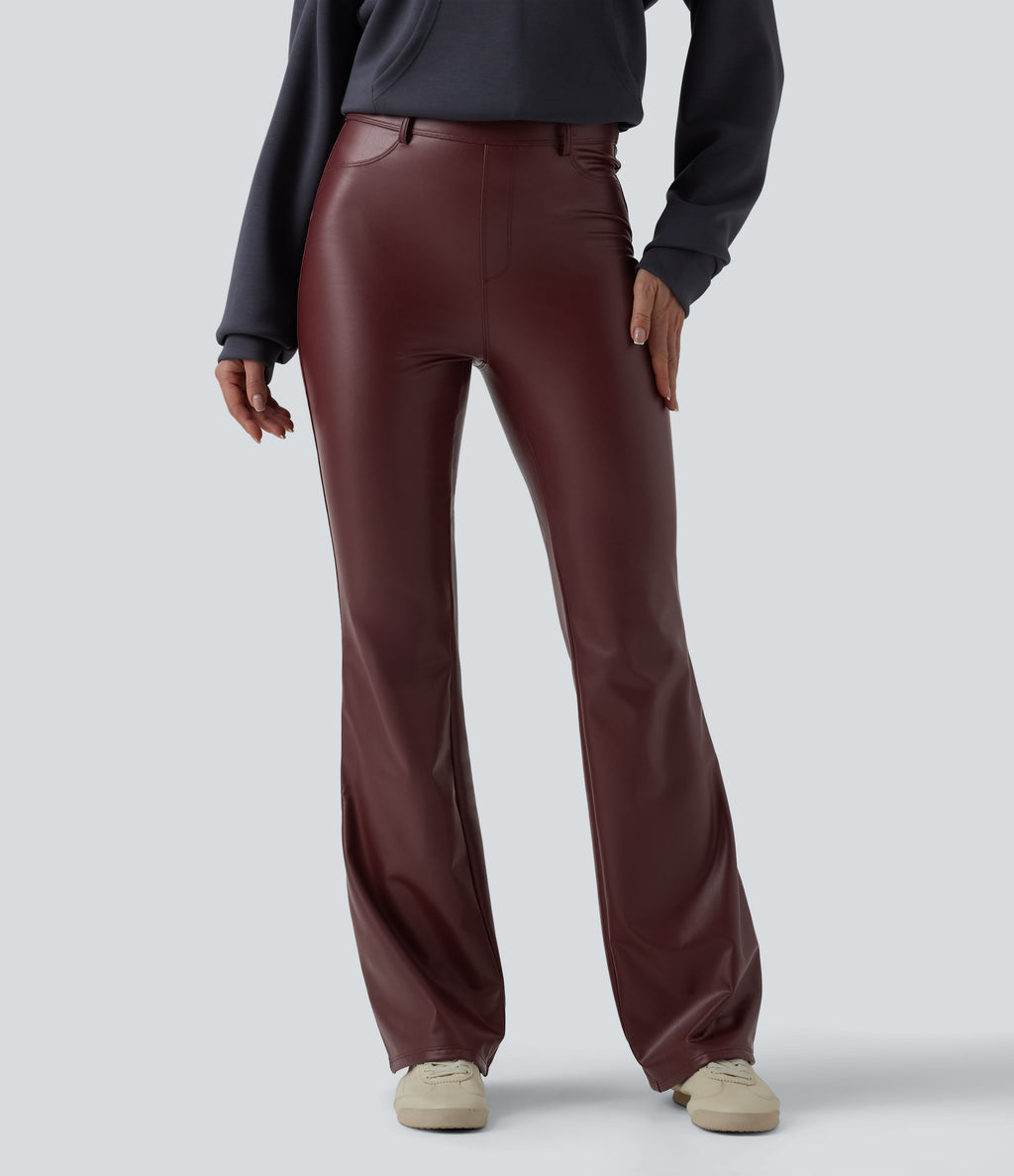 High Waisted Stretchy PU Fleece Casual Flare Trousers with Pockets — Andorra — view 2