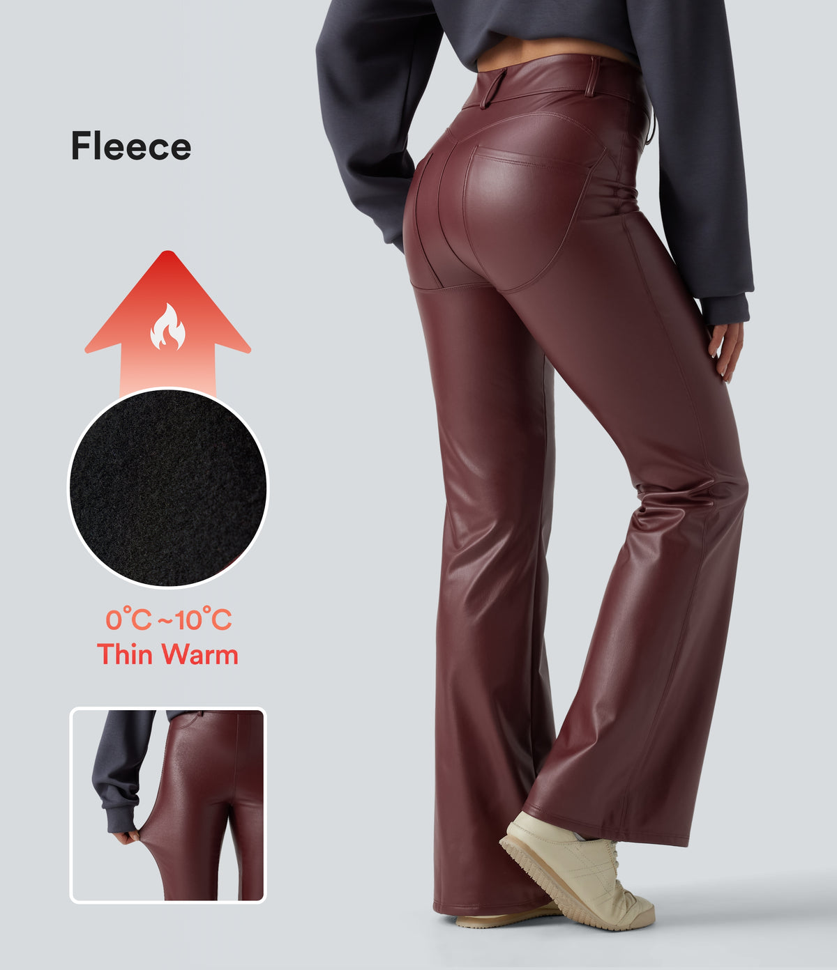 High Waisted Stretchy PU Fleece Casual Flare Trousers with Pockets — Andorra — view 1