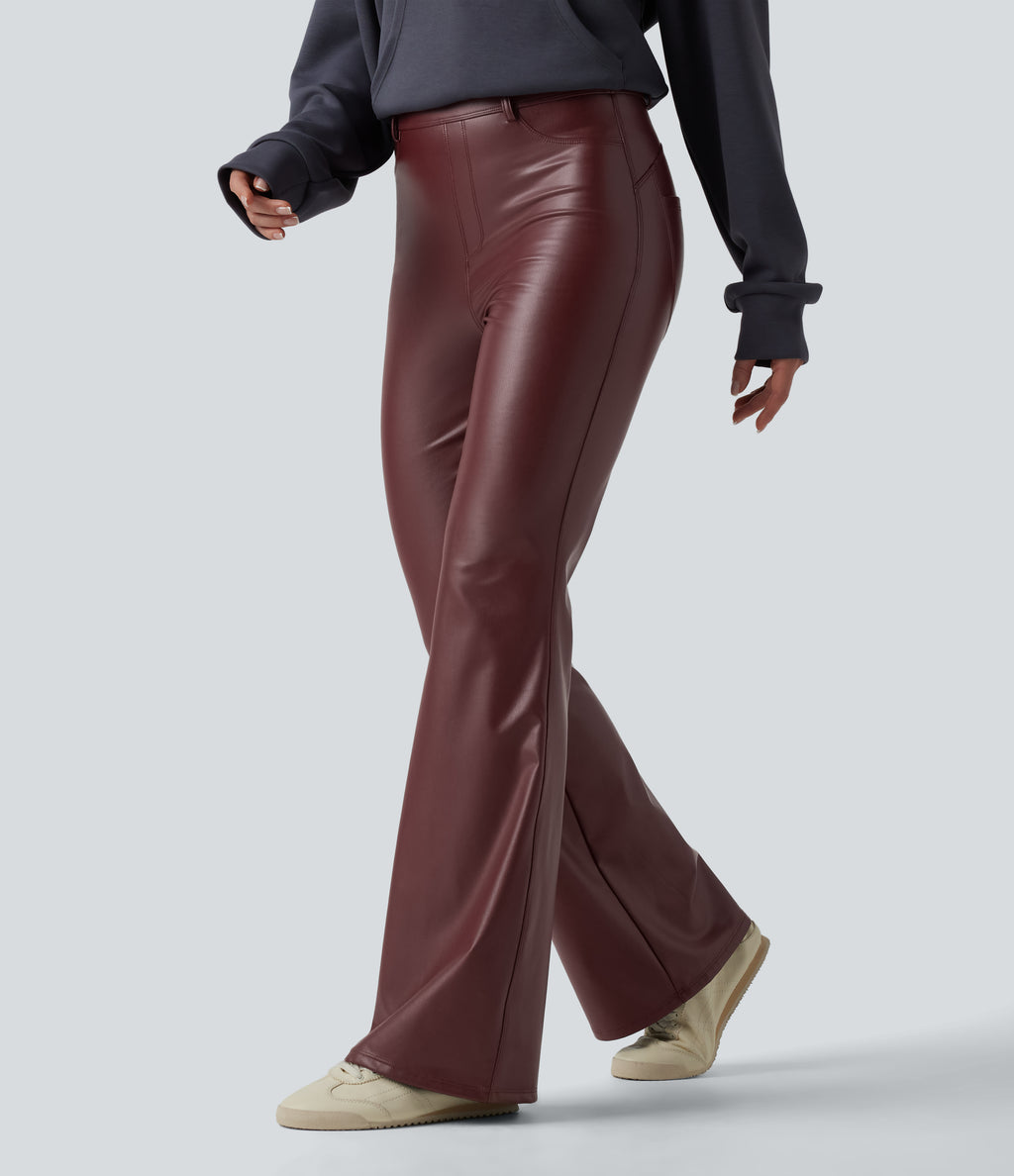 High Waisted Stretchy PU Fleece Casual Flare Trousers with Pockets — Andorra — view 3