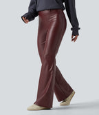 High Waisted Stretchy PU Fleece Casual Flare Trousers with Pockets — Andorra — view 3