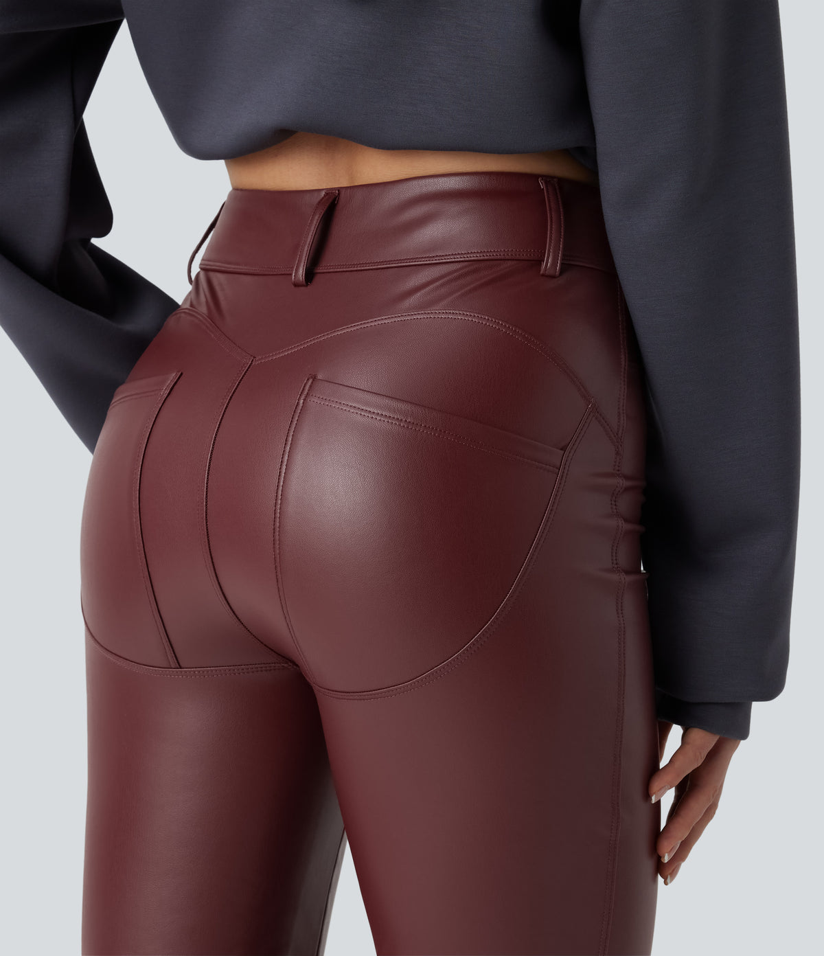 High Waisted Stretchy PU Fleece Casual Flare Trousers with Pockets — Andorra — view 5